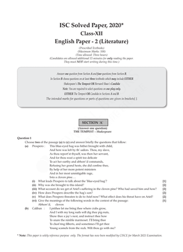 Oswaal ISC Board Solved Paper 2020 English Paper 2 (Literature), Class