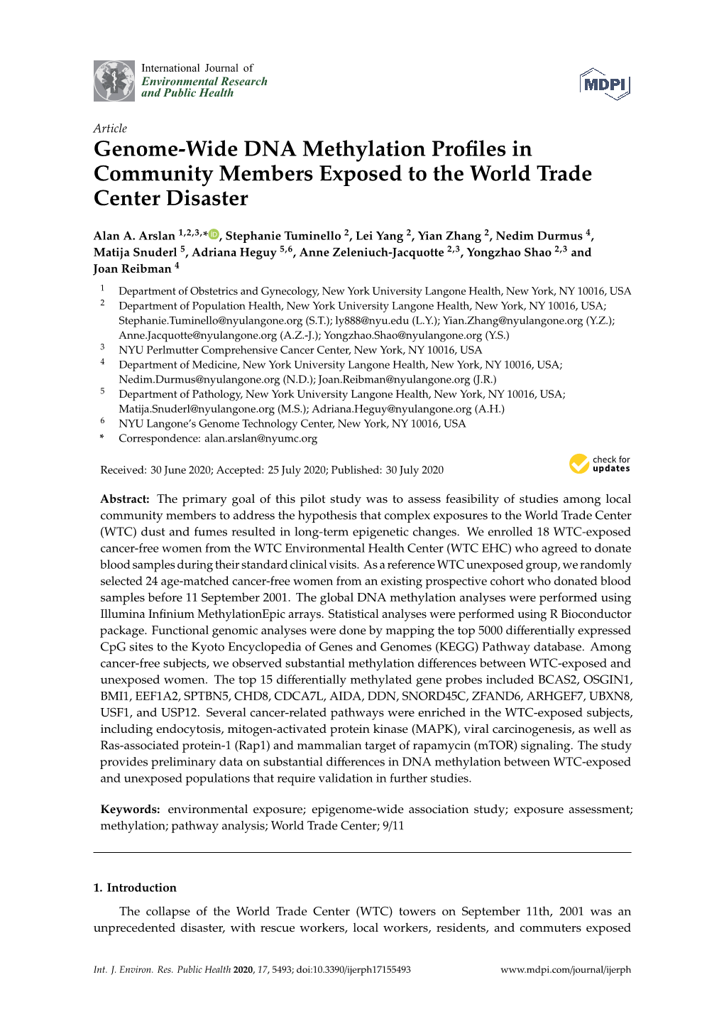 Genome-Wide DNA Methylation Profiles in Community Members Exposed to the World Trade Center Disaster