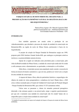 Parque Estadual De Botumirim-Mg: Desafio Para a Preservação Do Patrimônio Natural Da Região Da Bacia Do Rio Jequitinhonha.1