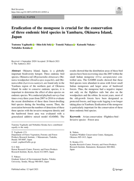 Eradication of the Mongoose Is Crucial for the Conservation of Three Endemic Bird Species in Yambaru, Okinawa Island, Japan