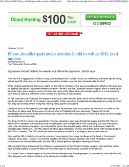 Elbow, Shoulder Pads Under Scrutiny in Bid to Reduce NHL Head Injuries by DAVID SHOALTS from Wednesday's Globe and Mail