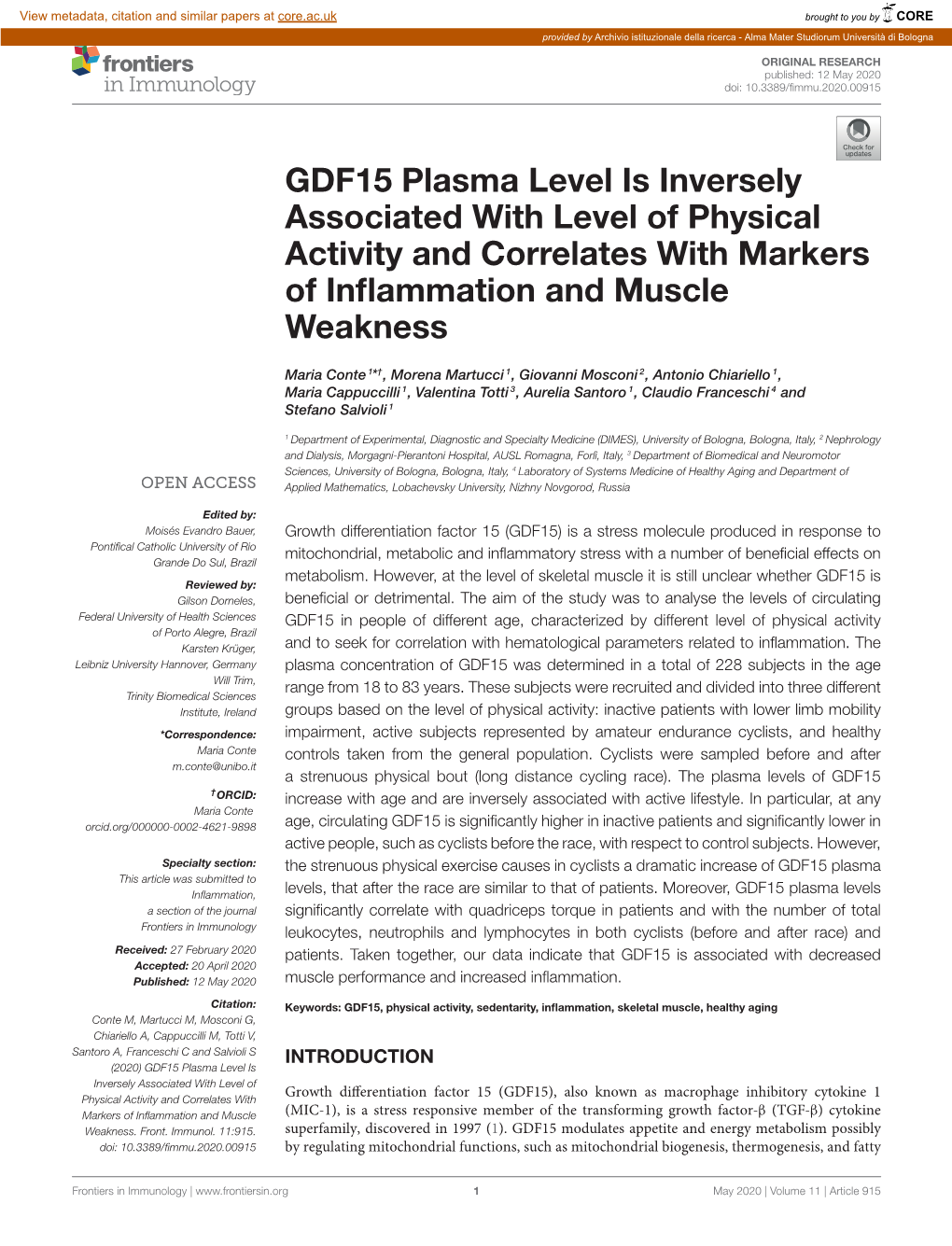 GDF15 Plasma Level Is Inversely Associated with Level of Physical Activity and Correlates with Markers of Inflammation and Muscl