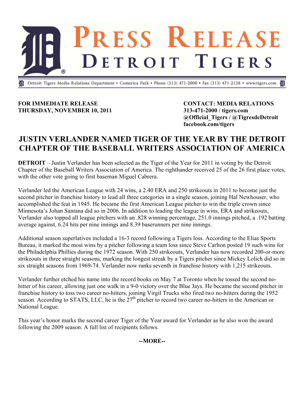 Justin Verlander Named Tiger of the Year by the Detroit Chapter of the Baseball Writers Association of America