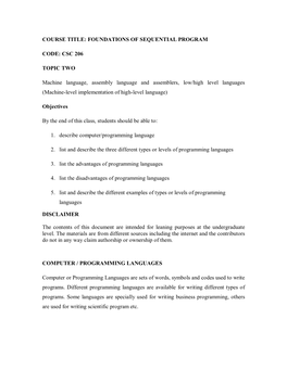 Machine and Assembly Language Programming