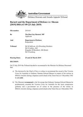 Barnett and the Department of Defence Re: Sheean [2019] DHAAT 09 (23 July 2019)