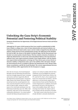 Unlocking the Gaza Strip's Economic Potential and Fostering Political Stability. Europeans Should Seize the Opportunity Of