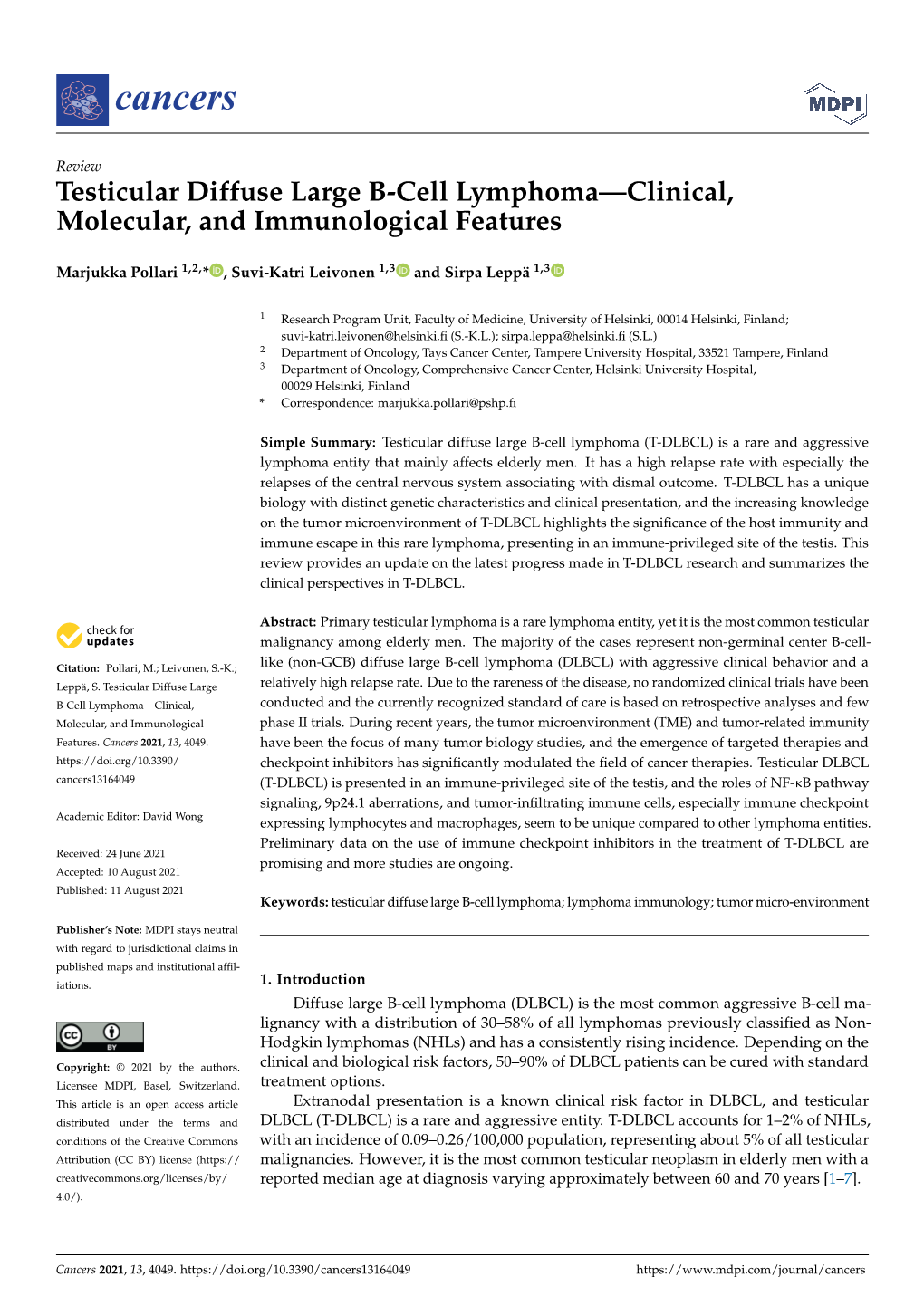 Testicular Diffuse Large B-Cell Lymphoma—Clinical, Molecular, and Immunological Features