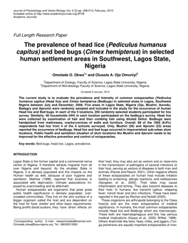 (Pediculus Humanus Capitus) and Bed Bugs (Cimex Hemipterus) in Selected Human Settlement Areas in Southwest, Lagos State, Nigeria