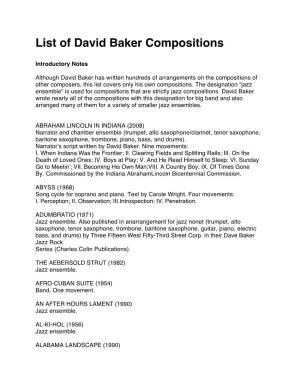 List of David Baker Compositions