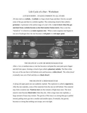 Life Cycle of a Star - Worksheet