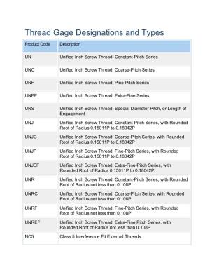 Thread Gage Designations and Types