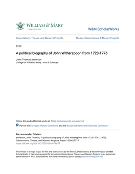 A Political Biography of John Witherspoon from 1723-1776