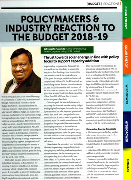 POLICYMAKERS B INDUSTRY REACTION to the BUDGET 2018-19