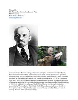 History 133 the Russian Revolutions from Lenin to Putin Matthew Lenoe Rush Rhees Library 372 Mlenoe@Gmail.Com