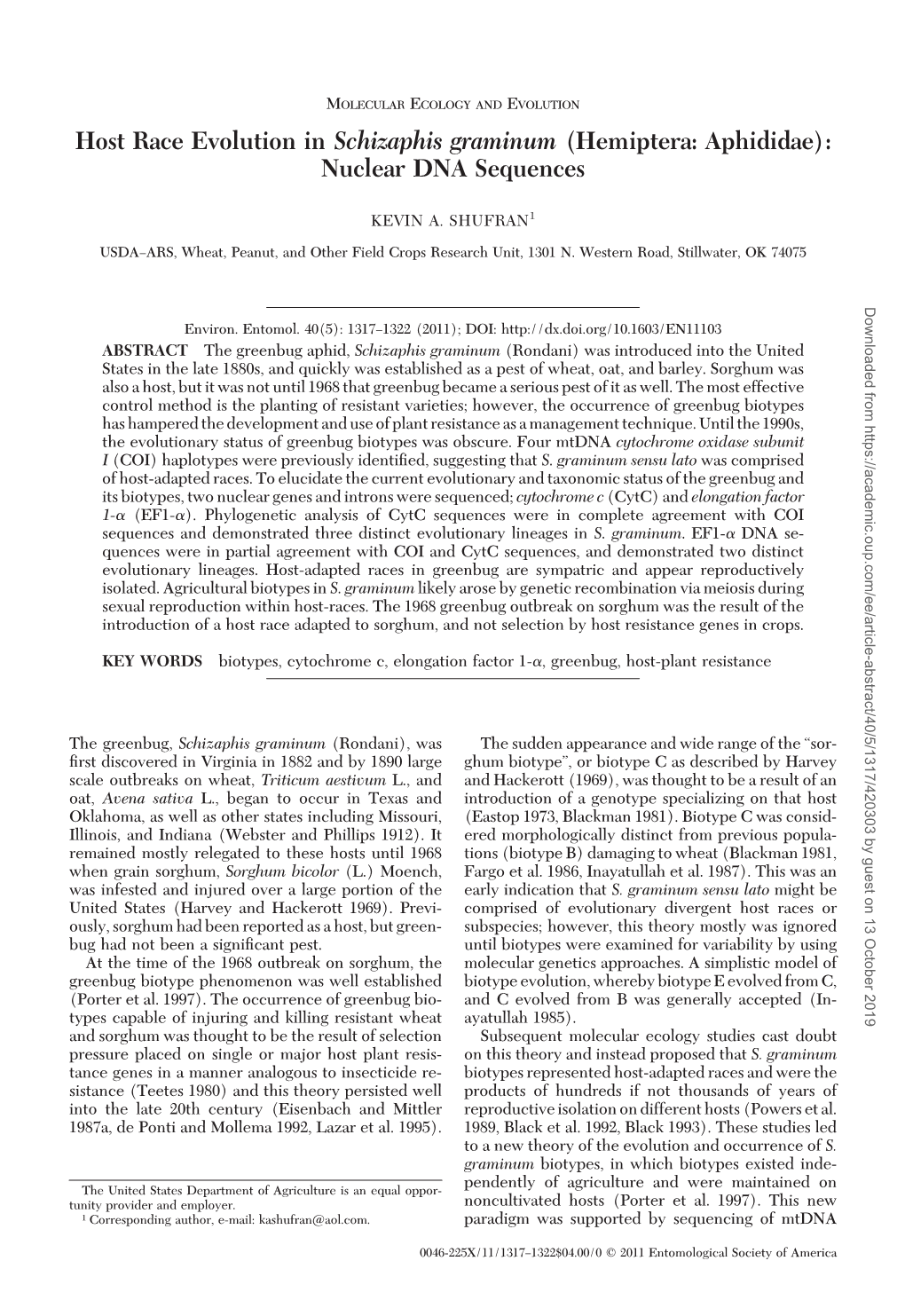 Host Race Evolution in Schizaphis Graminum (Hemiptera: Aphididae): Nuclear DNA Sequences