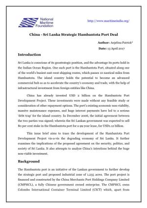 China - Sri Lanka Strategic Hambantota Port Deal