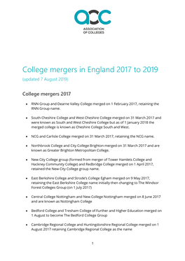 College Mergers in England 2017 to 2019 (Updated 7 August 2019)