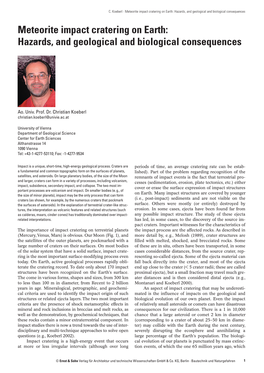 Meteorite Impact Cratering on Earth: Hazards, and Geological and Biological Consequences