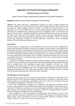 Application of Firewall Technology and Research Xiaoping Feng and Qi Zeng