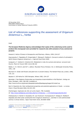 List Item Draft List of References Supporting the Assessment of Origanum Dictamnus L., Herba
