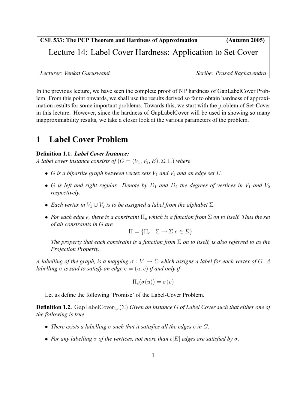Lecture 14: Label Cover Hardness: Application to Set Cover