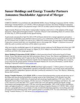 Susser Holdings and Energy Transfer Partners Announce Stockholder Approval of Merger