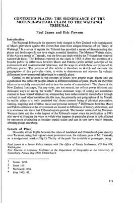THE SIGNIFICANCE of the MOTUNUI-WAITARA CLAIM to the WAITANGI TRIBUNAL Paul James and Eric Pawson