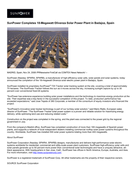 Sunpower Completes 18-Megawatt Olivenza Solar Power Plant in Badajoz, Spain