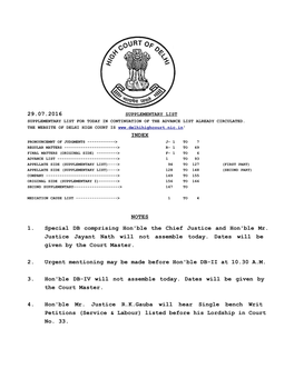 29.07.2016 INDEX NOTES 1. Special DB Comprising Hon'ble the Chief