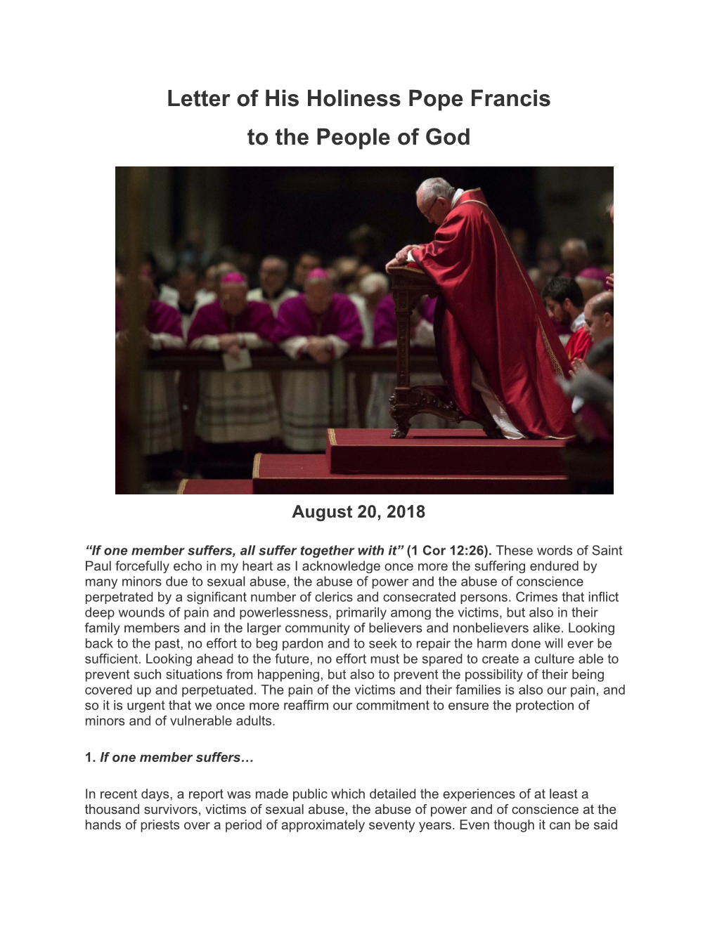 Letter of His Holiness Pope Francis to the People of God