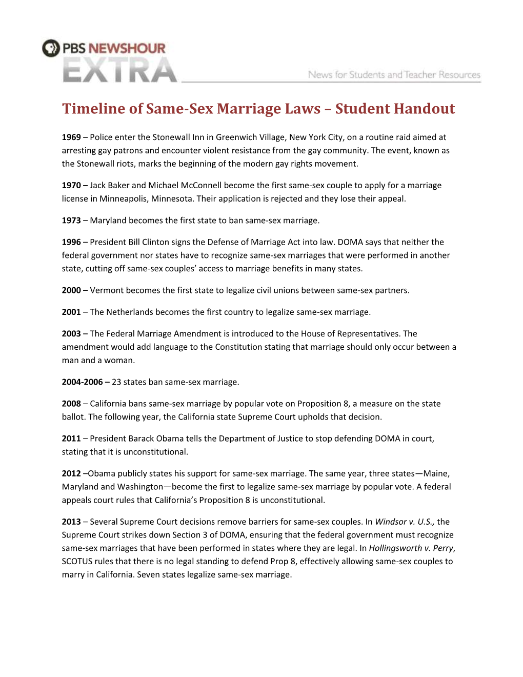 Timeline of Same-Sex Marriage Laws – Student Handout