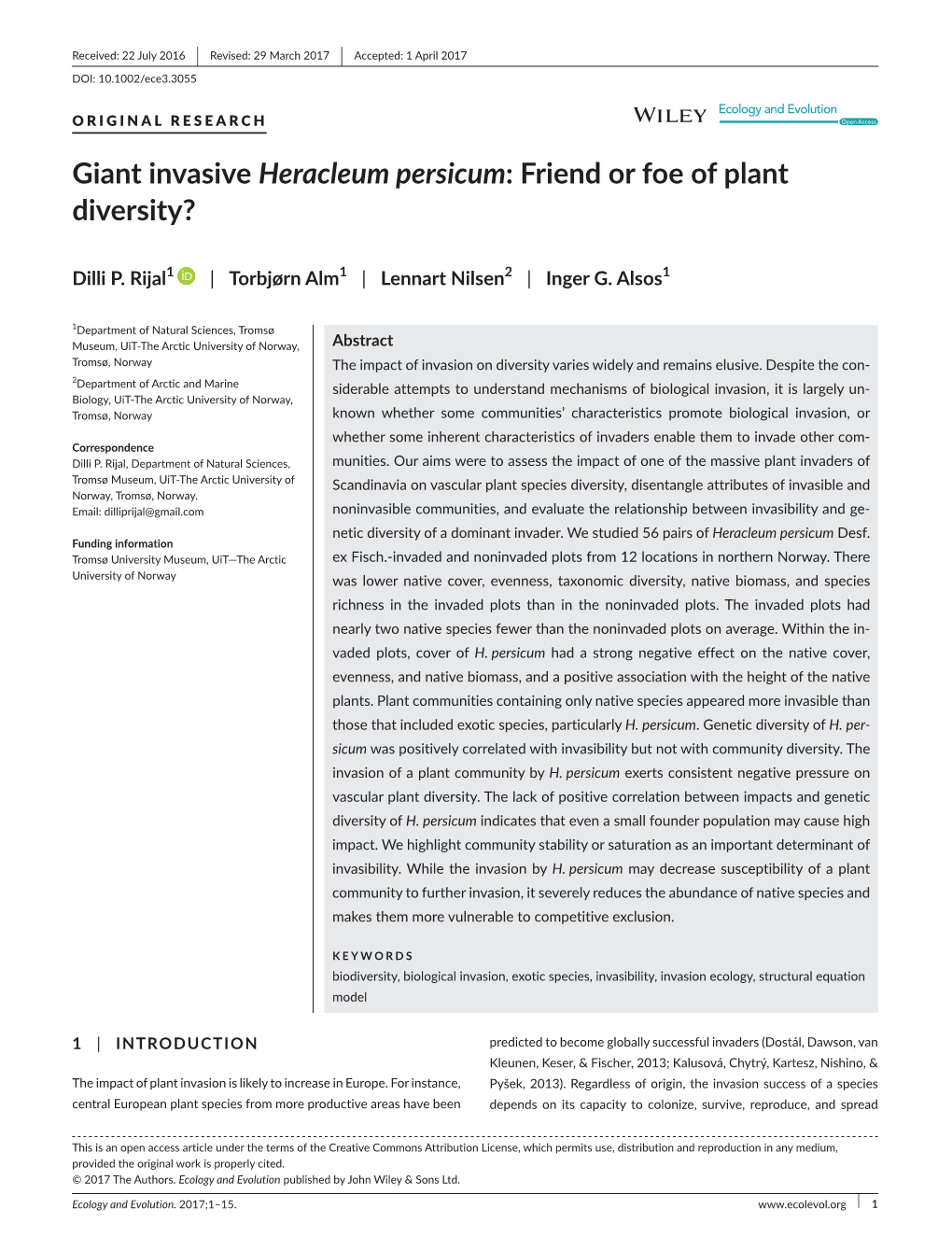 Giant Invasive Heracleum Persicum: Friend Or Foe of Plant Diversity?