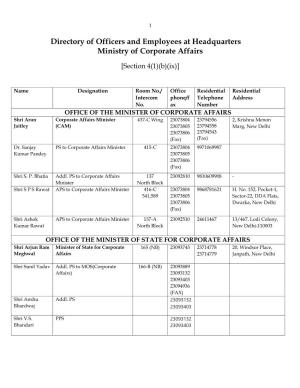 Directory of Officers and Employees at Headquarters Ministry of Corporate Affairs