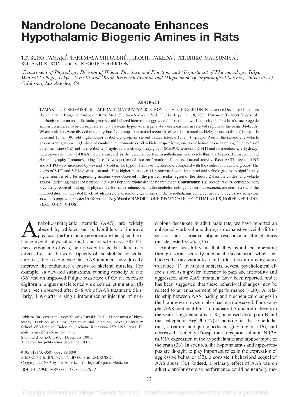 Nandrolone Decanoate Enhances Hypothalamic Biogenic Amines in Rats