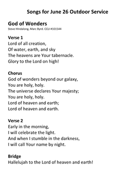 Songs for June 26 Outdoor Service God of Wonders