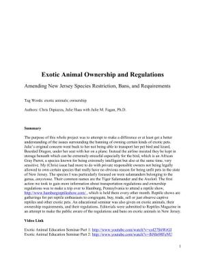 Exotic Animal Ownership and Regulations Amending New Jersey Species Restriction, Bans, and Requirements