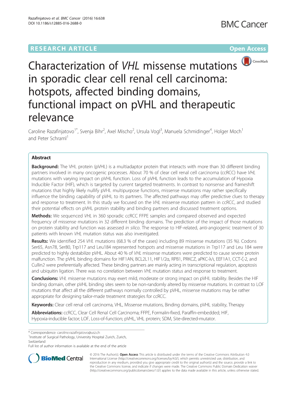 Characterization of VHL Missense Mutations in Sporadic Clear Cell