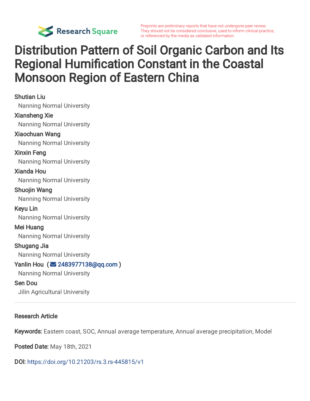 Distribution Pattern of Soil Organic Carbon and Its Regional Humi�Cation Constant in the Coastal Monsoon Region of Eastern China