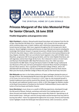 Princess Margaret of the Isles Memorial Prize for Senior Clàrsach, 16 June 2018 Finallist Biographies and Programme Notes