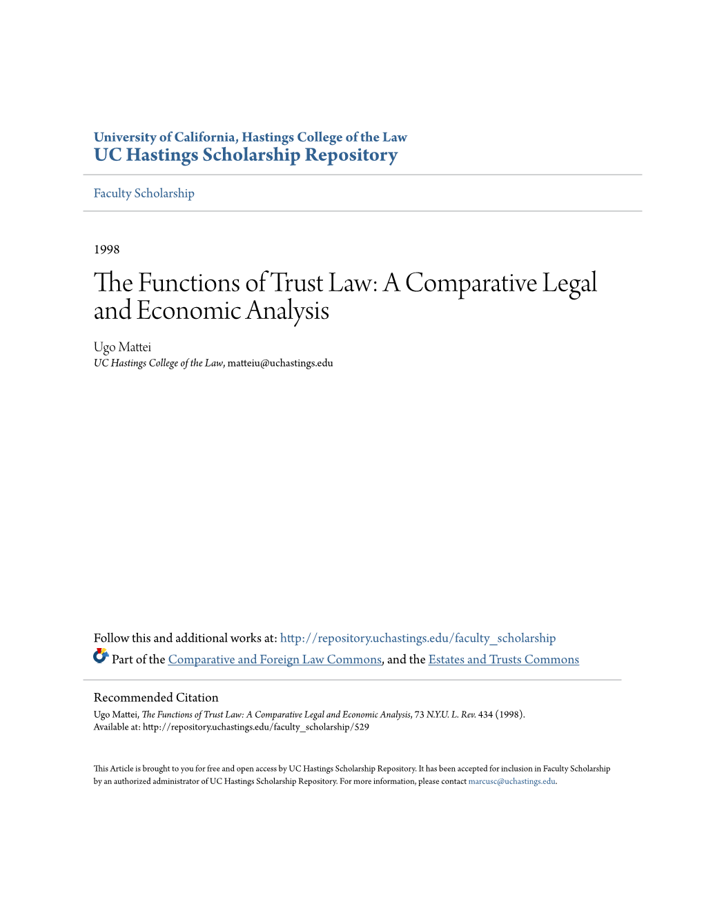 The Functions of Trust Law: a Comparative Legal and Economic Analysis, 73 N.Y.U