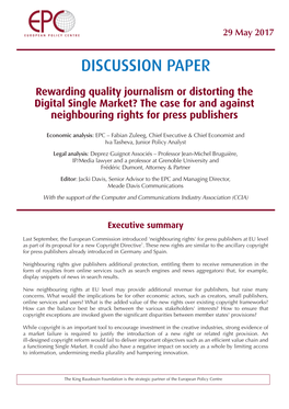 Rewarding Quality Journalism Or Distorting the Digital Single Market? the Case for and Against Neighbouring Rights for Press Publishers