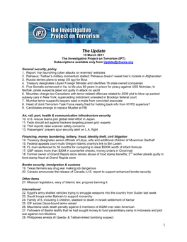 The Update 15 March 2011 the Investigative Project on Terrorism (IPT) Subscriptions Available Only from Update@Ctnews.Org