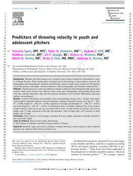 Predictors of Throwing Velocity in Youth and Adolescent Pitchers