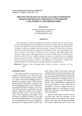 The Influences of Javanese Culture in Power of Making Decisions in Indonesian Universities: Case Studies in Mm Programmes