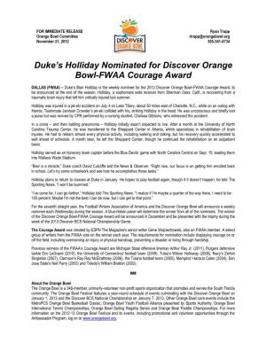 Duke's Holliday Nominated for Discover Orange Bowl-FWAA