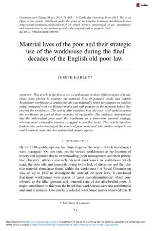 Material Lives of the Poor and Their Strategic Use of the Workhouse During the ﬁnal Decades of the English Old Poor Law