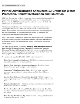 Patrick Administration Announces 13 Grants for Water Protection, Habitat Restoration and Education