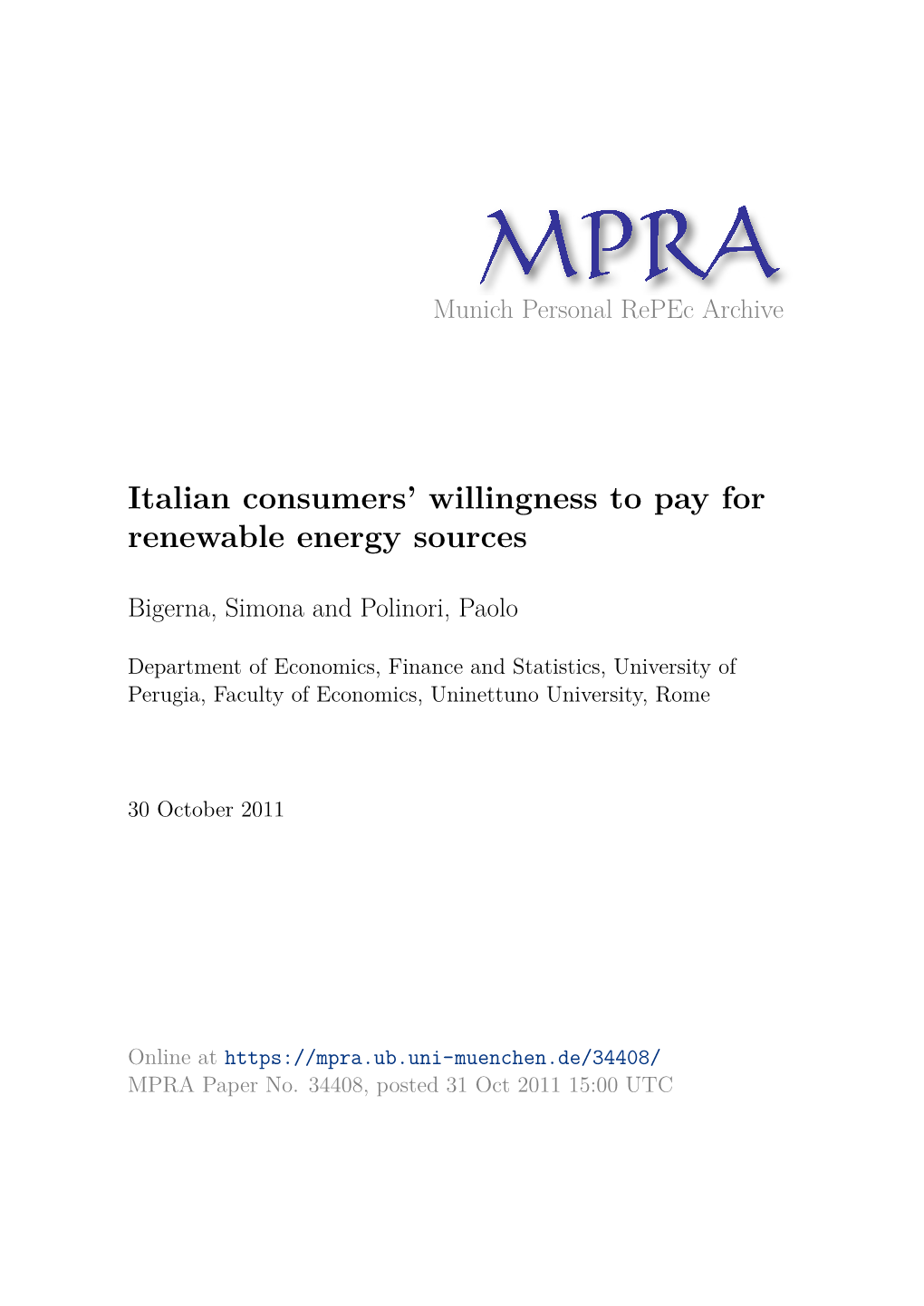 Italian Consumers' Willingness to Pay for Renewable Energy Sources