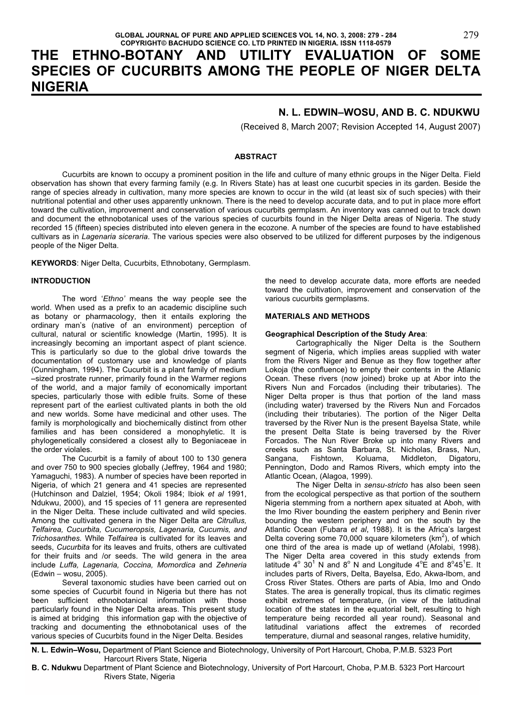 The Ethno-Botany and Utility Evaluation of Some Species of Cucurbits Among the People of Niger Delta Nigeria