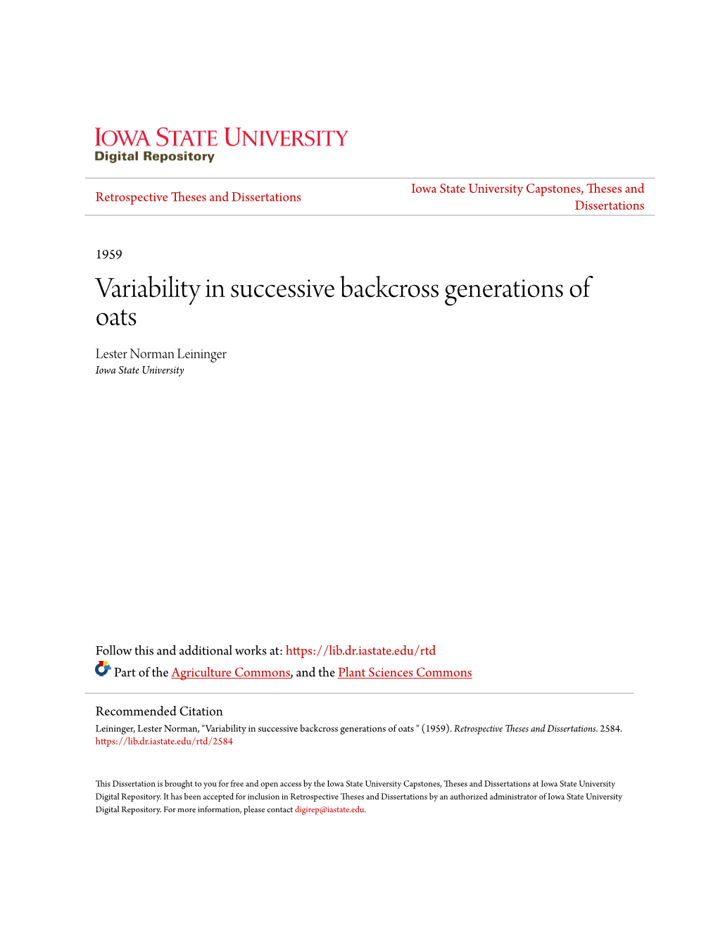 Variability in Successive Backcross Generations of Oats Lester Norman Leininger Iowa State University